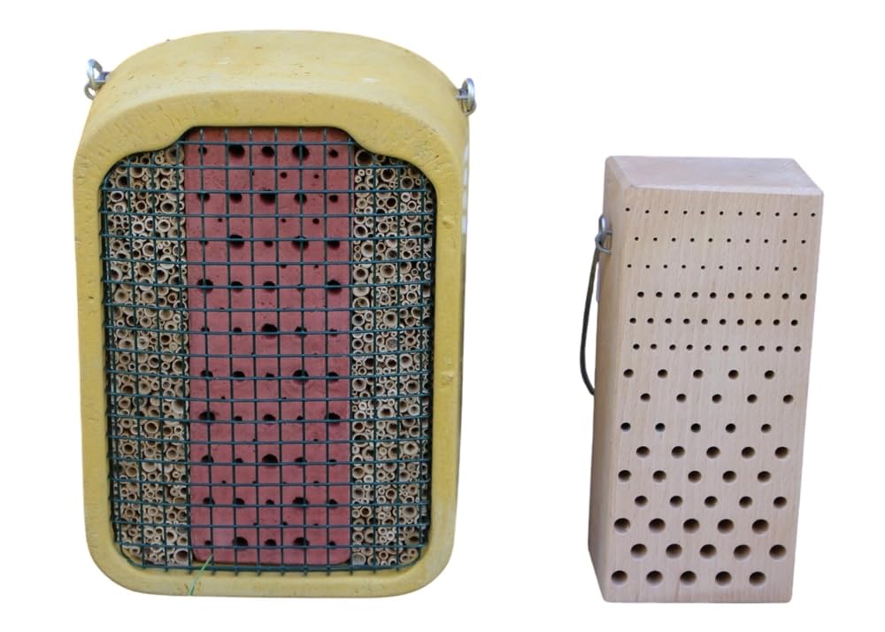 Insektennisthilfe Kombi-Satz 2 Stück - Insektenhotel mit Lehm & Schilf + Nistblock aus Hartholz Naturschutzprodukt