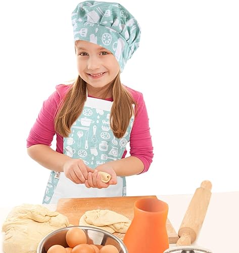 Miniatura 7 de Juego de delantal infantil con gorro de chef ajustable, para niños y niñas de 6 a 14 años, con bolsillo grande para cocinar, hornear, pintar.