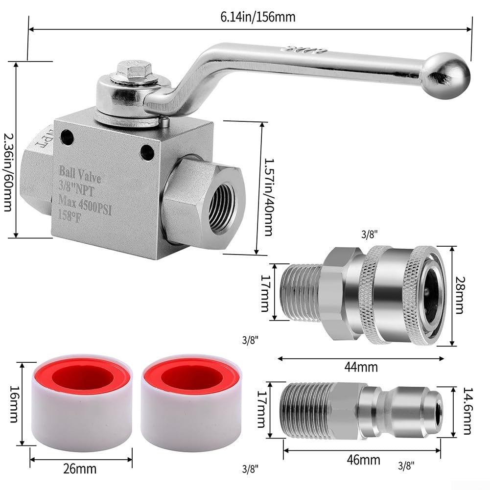 Valvola a sfera ad alta pressione da 4500 PSI, tubo flessibile della valvola di arresto dell'idropulitrice a sgancio rapido 3/8, struttura in acciaio inossidabile (3/8)