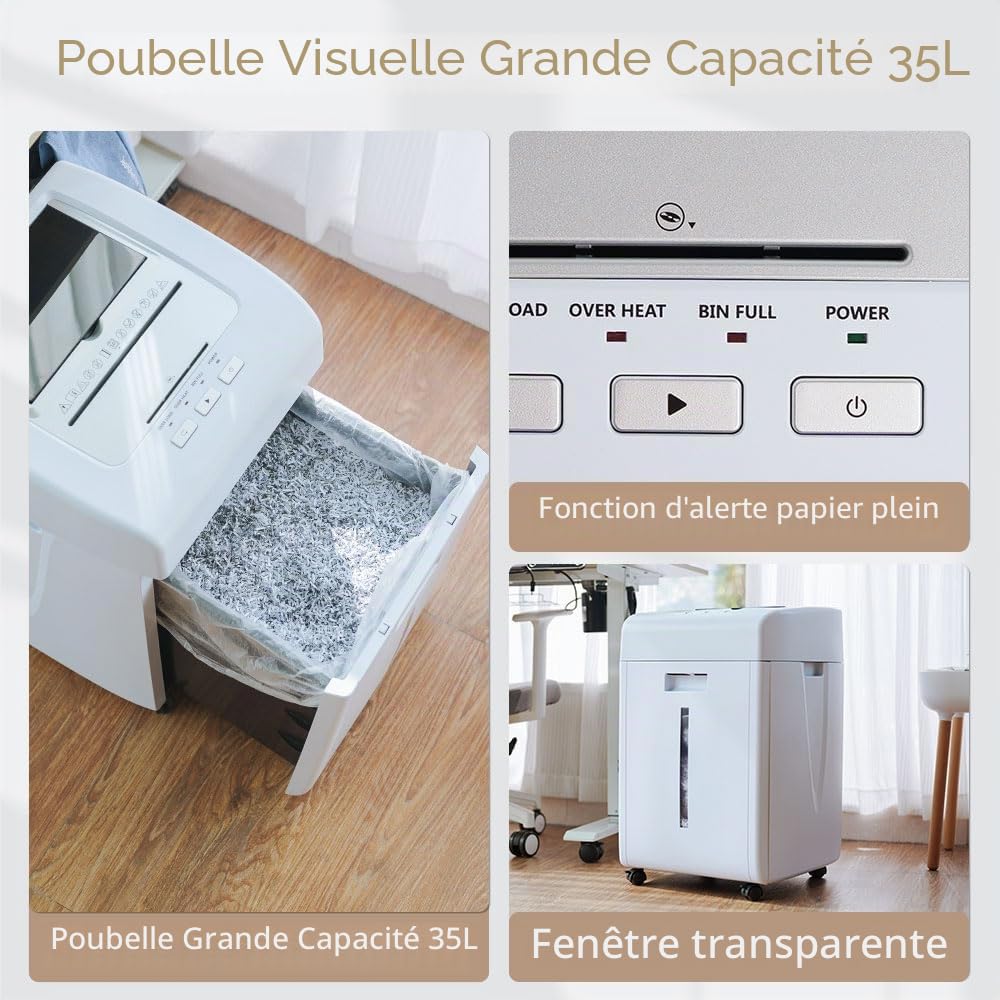 Kalopsia Destructeur de Document Automatique 200 Feuilles Broyeur Papier Micro Coupe 60 Mins Sécurité P5 Carte de Crédit CD Agrafe Bac 35 L