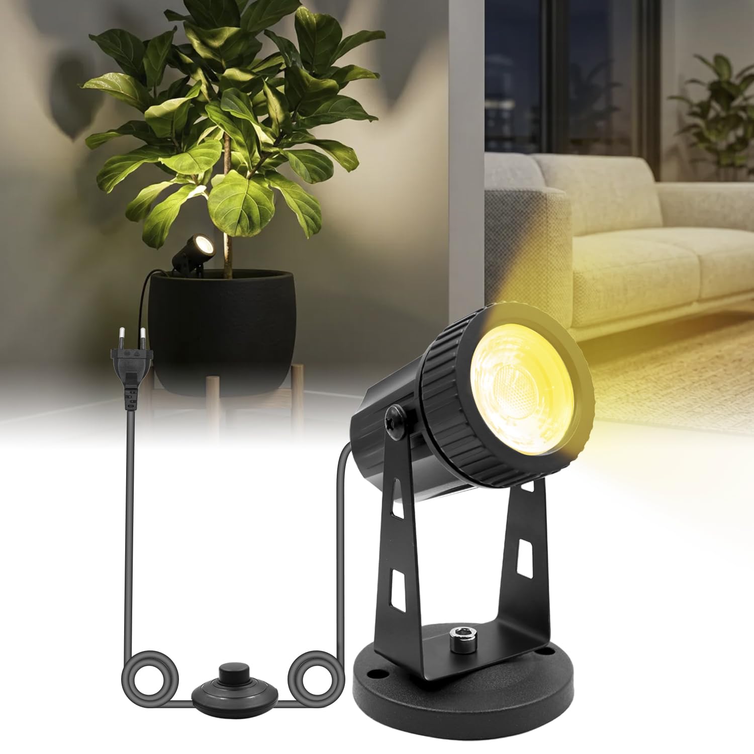 3W Foco LED interiores blanco cálido COB Con pica de tierra interruptor manual Foco para plantas de interior 3000K 300LM IP20 con cable de 1,8m con enchufe para Paisaje, Árboles, Plantas, Césped