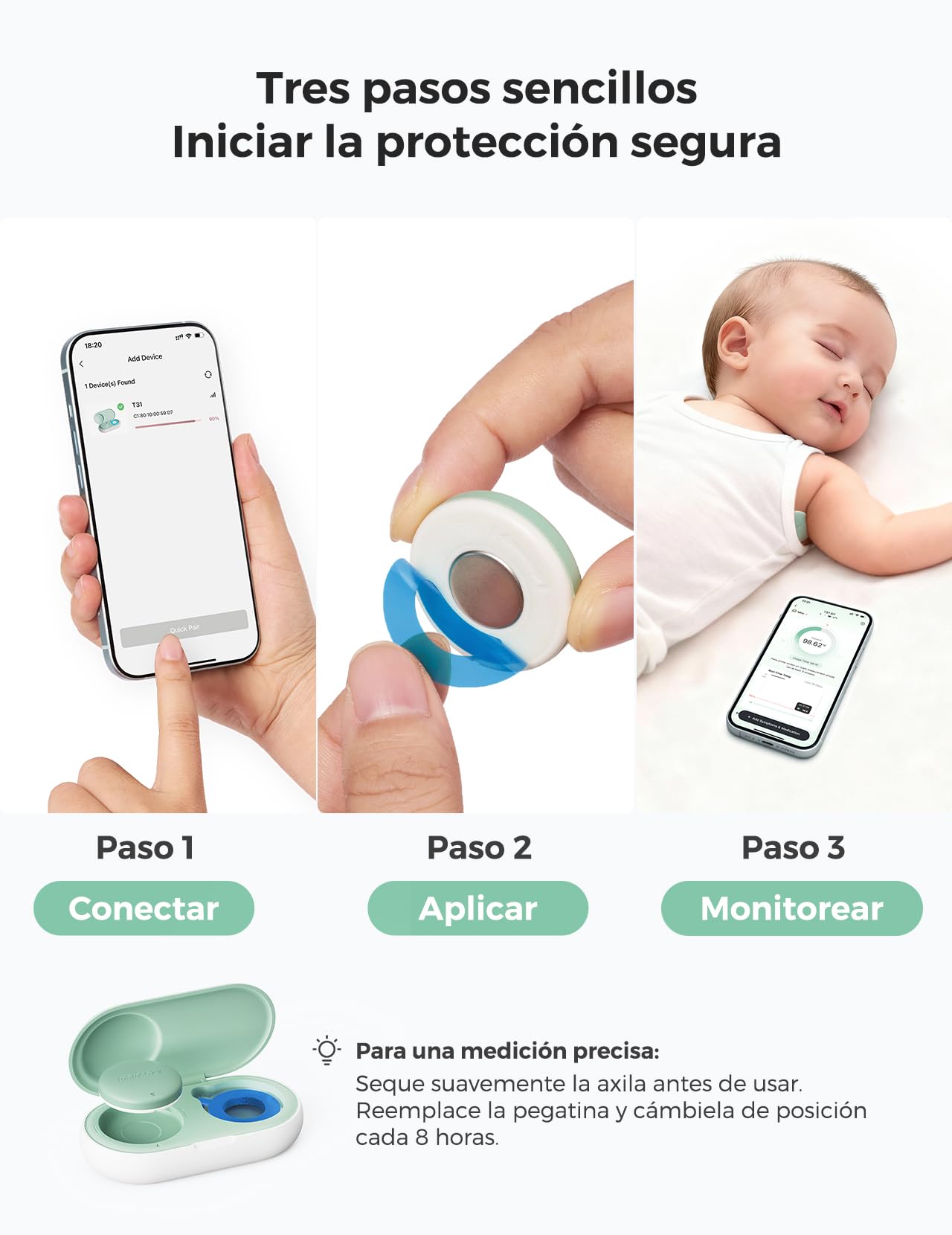 Momcozy Termometro Digital Bebe con Precisión de Grado Médico, Termometro Inteligente Bebe con Lectura Instantánea, Monitoreo en Tiempo Real vía App para Bebés y Niños, Parche Hipoalergénico 3M