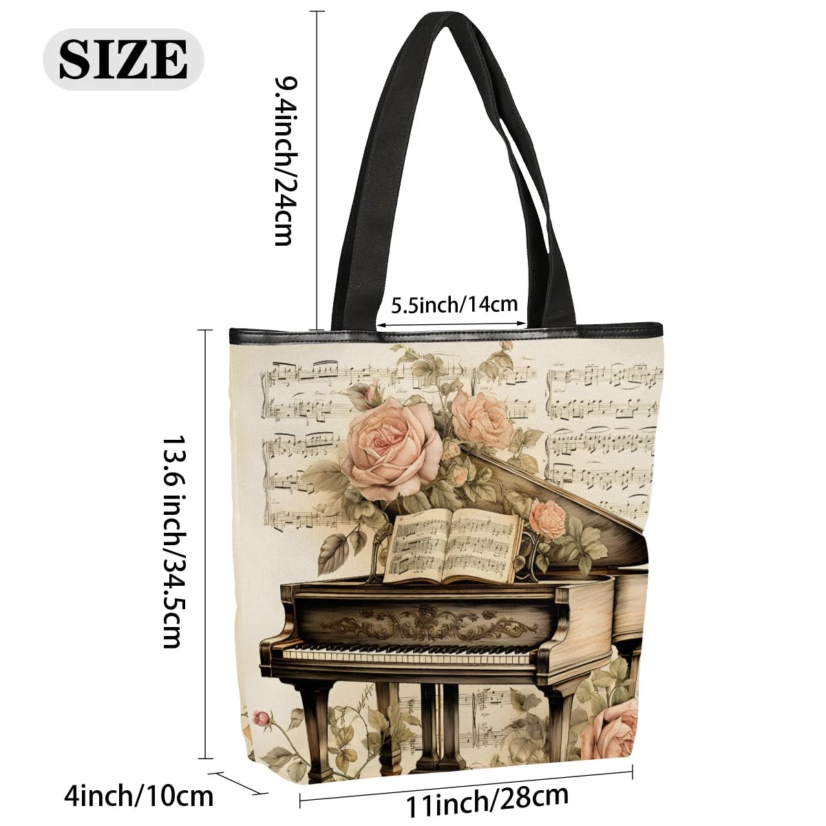 Mularoka Piano Rose Vvintage Canvas Tote Bag with Zipper and Pockets Canvas Tote Shopping Bag Women Reusable Grocery Bag for Beach Travel Gym Shopping