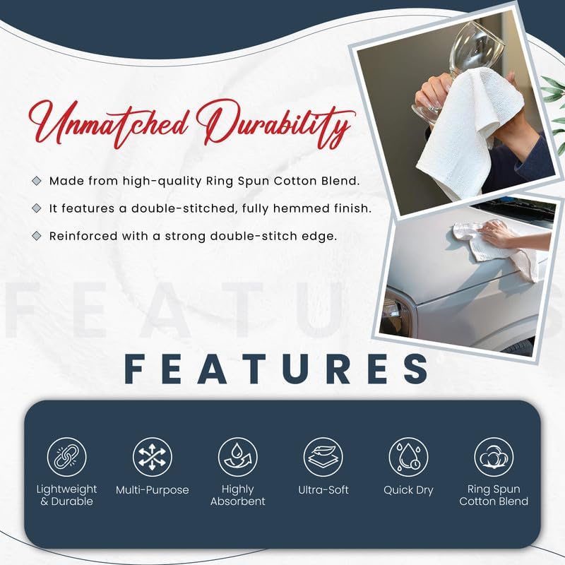 Premium White Wash Cloths - 600 GSM, 12 x 12 Inch, Pack of 48, Ring Spun Cotton Blend - Soft, Durable, Absorbent Washcloths for Face and Body, Machine Washable