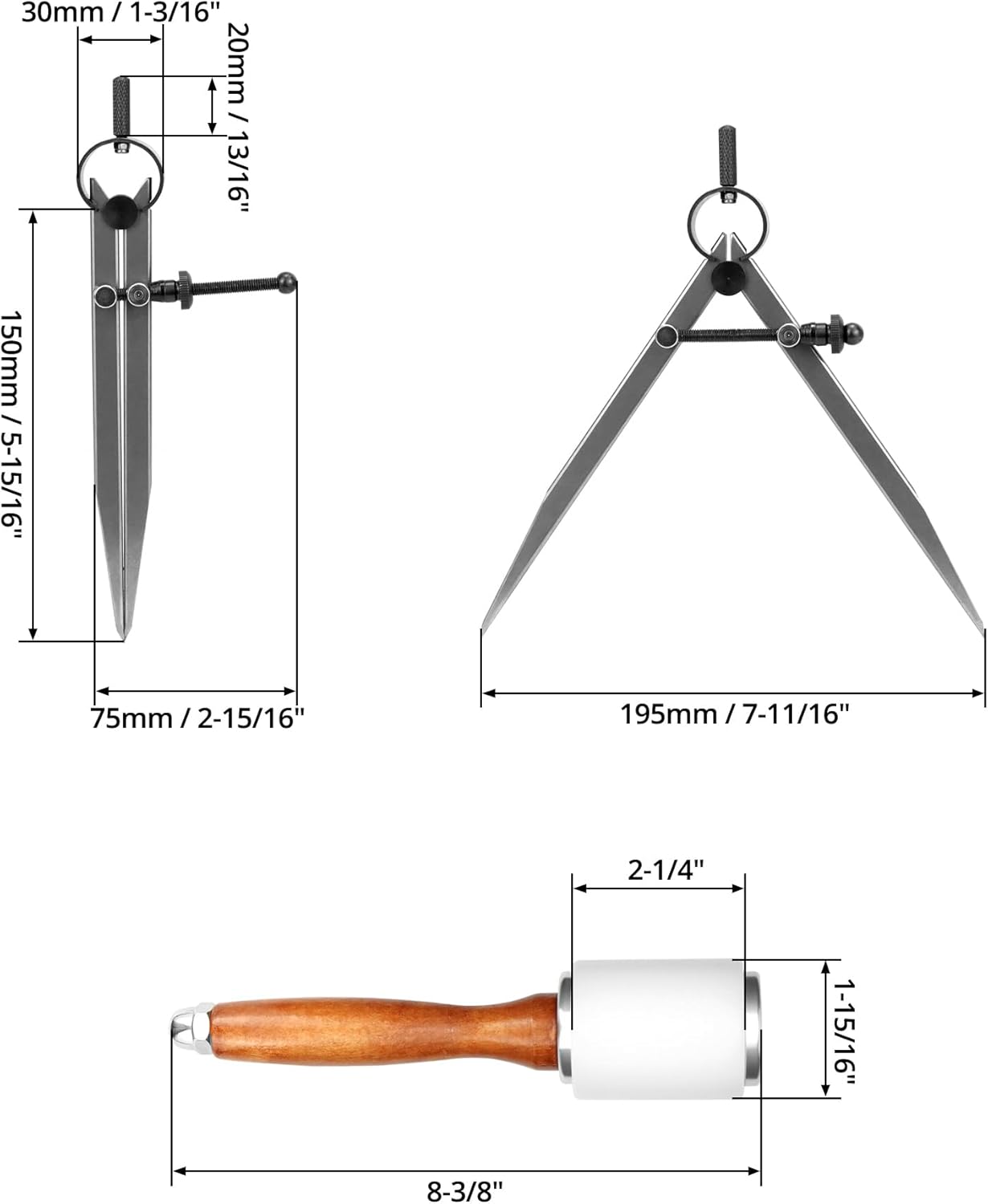 QWORK Leather Carving Hammer Set, DIY Leather Craft Mallet + Math Compass, Drawing Compass, Drafting Compass, for DIY Stamping and Sewing Leather Cowhide