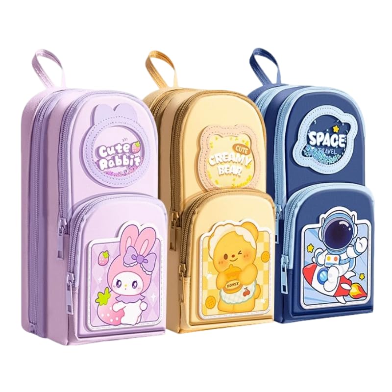 Image of Canvas School Bag Pencil Case, 3 Layer 6 Compartment Large Capacity, Aesthetic Pencil Pouch for Stationary, Cute Stationery for Kids, Pencil Case for Girls & Boys (Creamy Bear Kit)