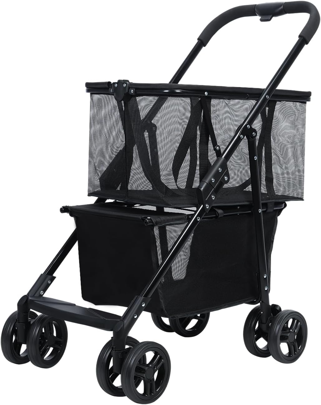 HEVIRGO Folding Shopping Cart – Pet Stroller & Grocery Cart with 360° Rotatable Wheels, Visible Mesh, Shockproof Tires, Rear Wheel Dual Brake, Double Layer Collapsible Mobile Carts Black