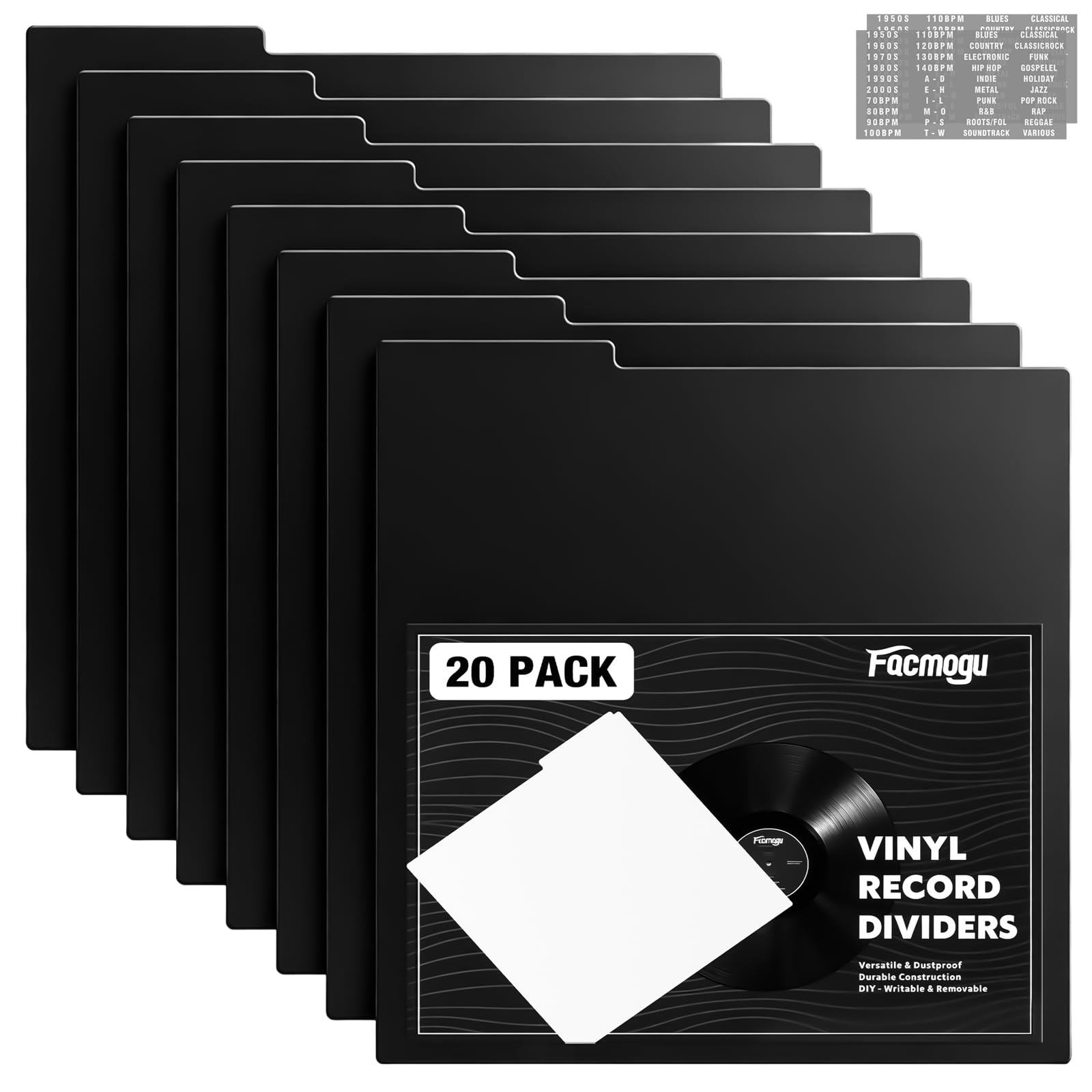 Facmogu 20PCS Vinyl Record Dividers, Upgrade Thicker 33 RPM Plastic Vinyl Record Separators, 12in Blank Writable DIY Record Dividers, Reusable LP Dividers for Vinyl DVD Record Albums Storage - Black-image-29