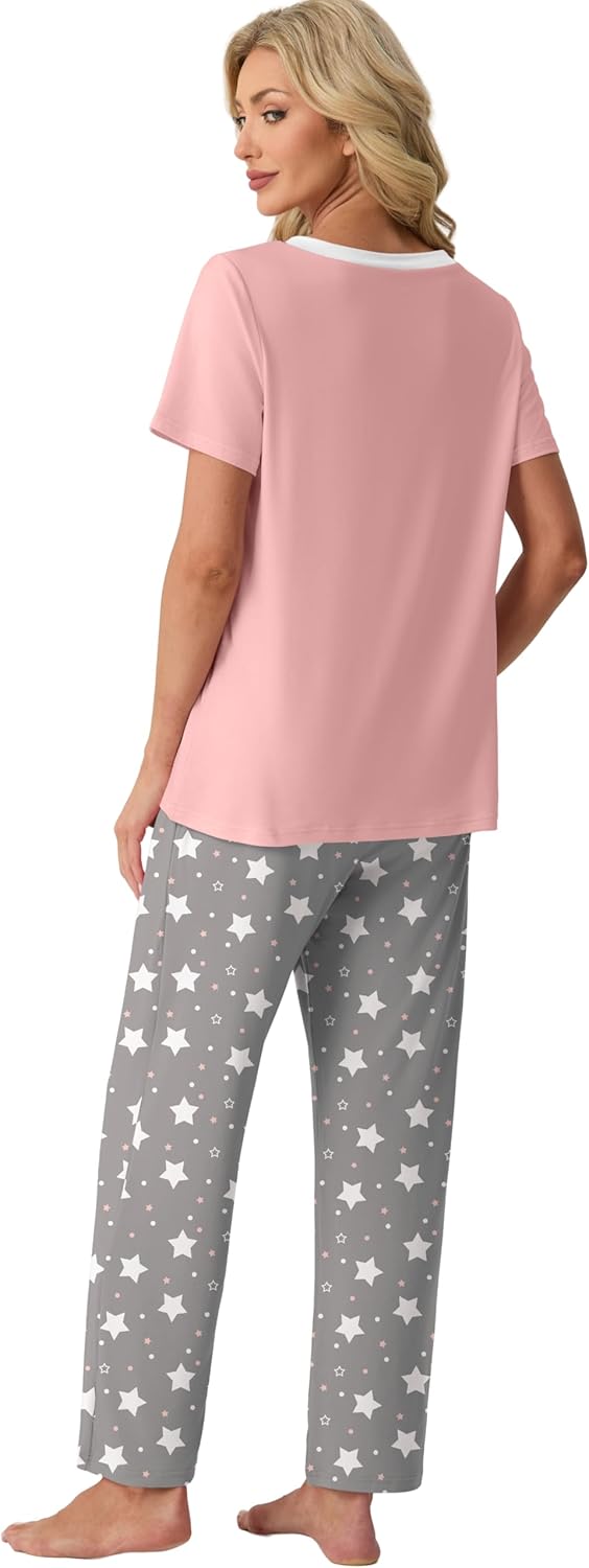 PrinStory Pajamas for Women Set Soft Pjs 2 Piece Pajama Sets Casual Pj Short Sleeve Lounge set with Pockets - Image 4
