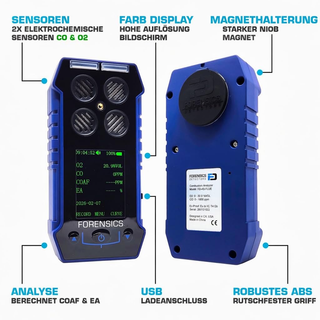 Abgasanalysator (Flue Gas) | CO, O2, COAF Und EA | Wasserfalle, Partikelfilter Und NOx-Filter | Kalibrierzertifikat EU | FD-4S-FLUE