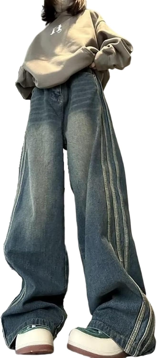 Y2K Women's Jeans Hip-hop Street Retro Lines Wide Leg Pants Casual Loose Straight Leg Pants Gothic Jeans