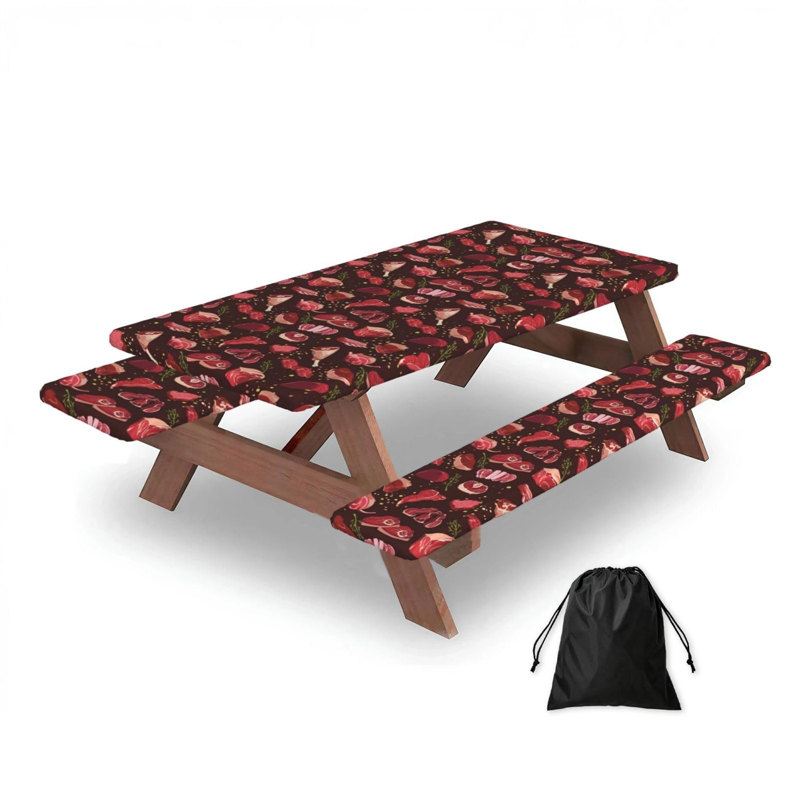 Dopklna As Picture Steak Pattern, Picnic Table Cover With Bench Covers -Waterproof Elastic Fitted Tablecloth For Garden Camping Patio 76X152cm