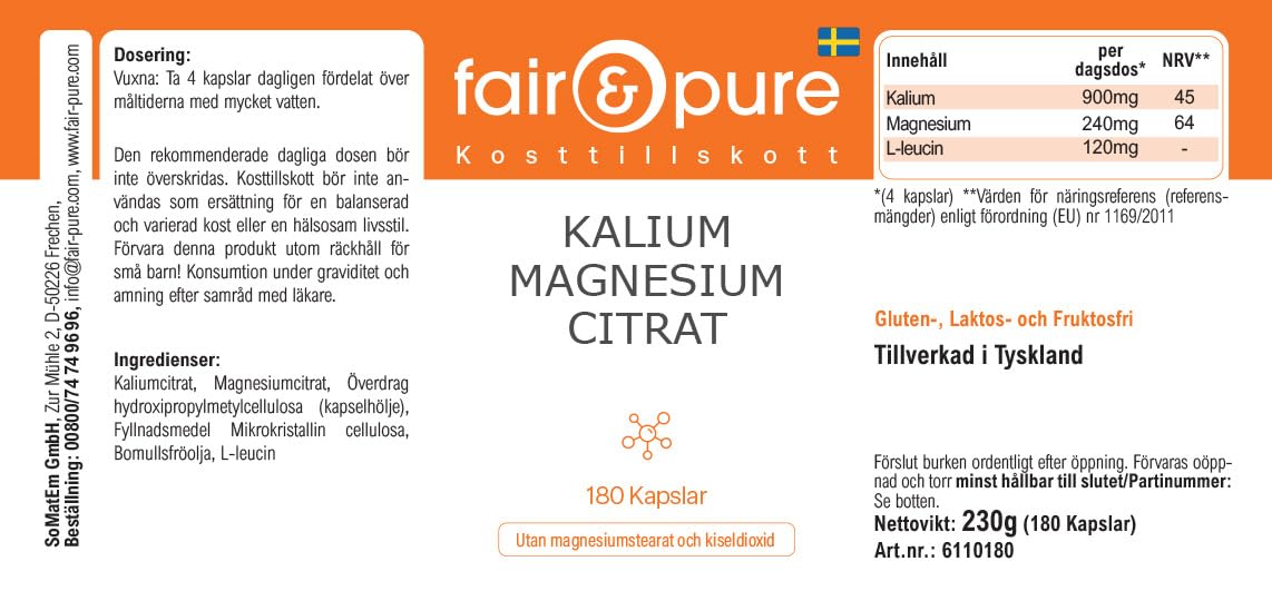Fair & Pure® - Potassio e magnesio in capsule - Citrato di magnesio e citrato di potassio - Vegan - Minerali essenziali - 180 Capsule