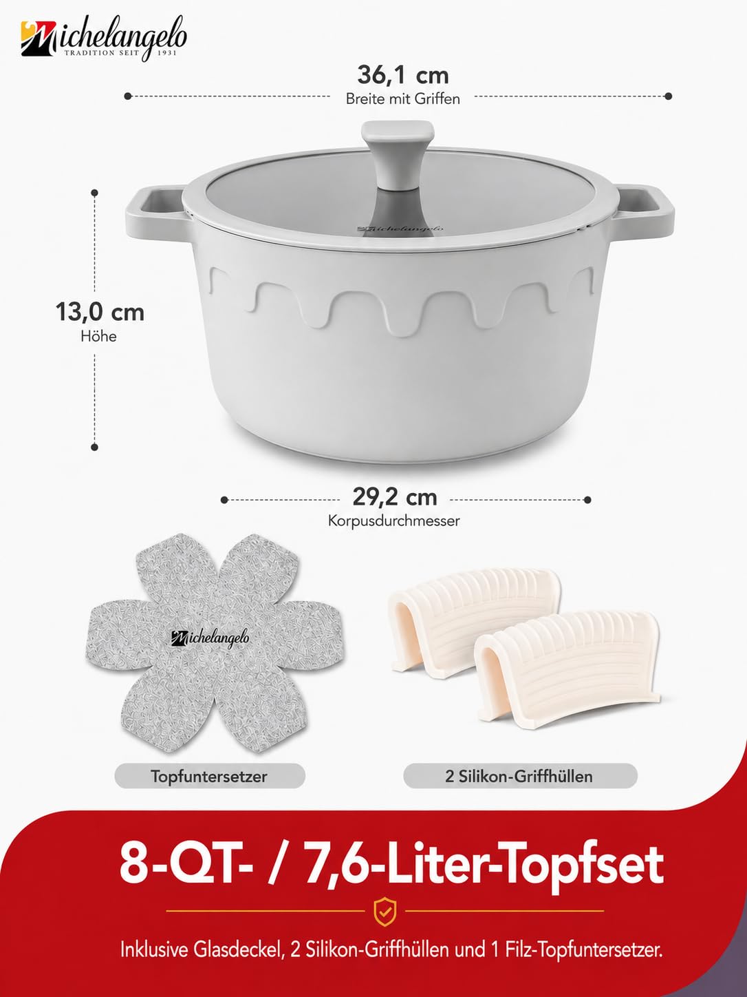 MICHELANGELO 8 L Suppentopf mit Glasdeckel, Titan-Keramik-Antihaft Kochtopf