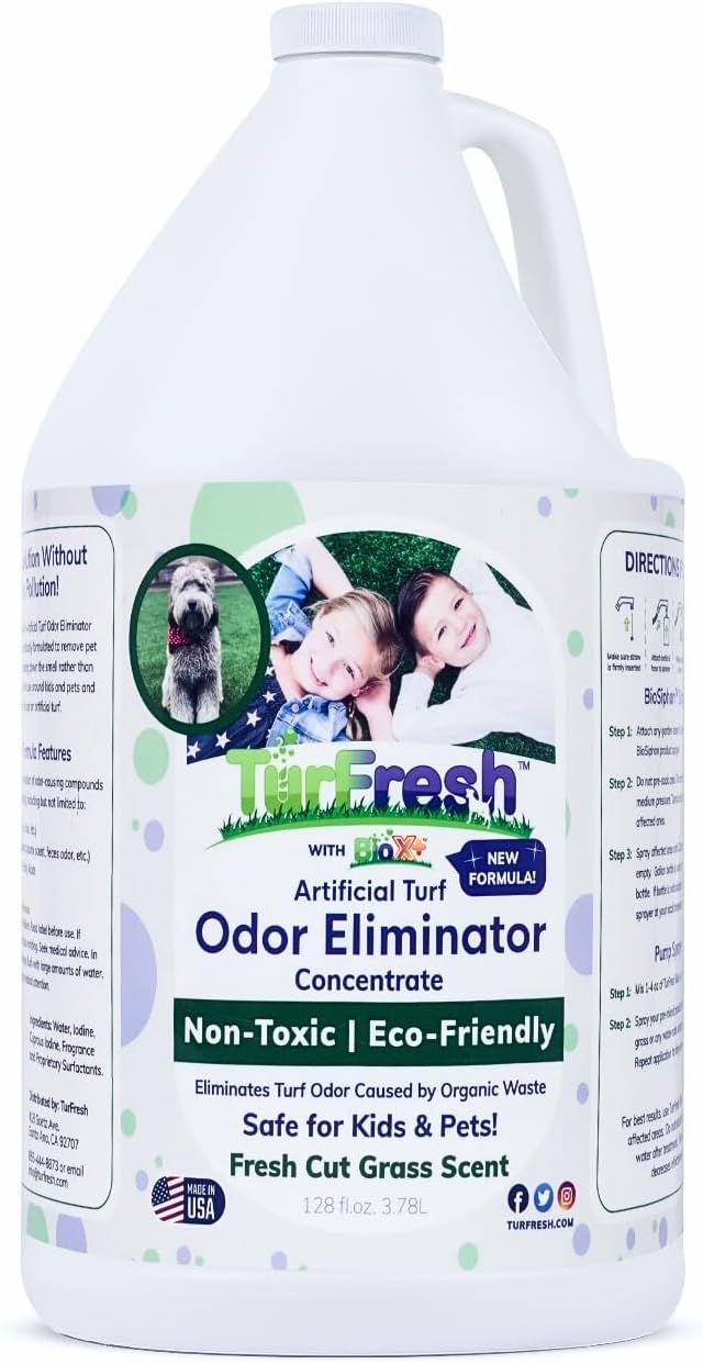 TurFresh BioX Artificial Turf Odor Eliminator – Yard Deodorizer for Dog Urine & Feces – Natural Concentrate Outdoor Cleaner – Safe for Kids & Pets – 1 Gallon Fresh Cut Grass Scent