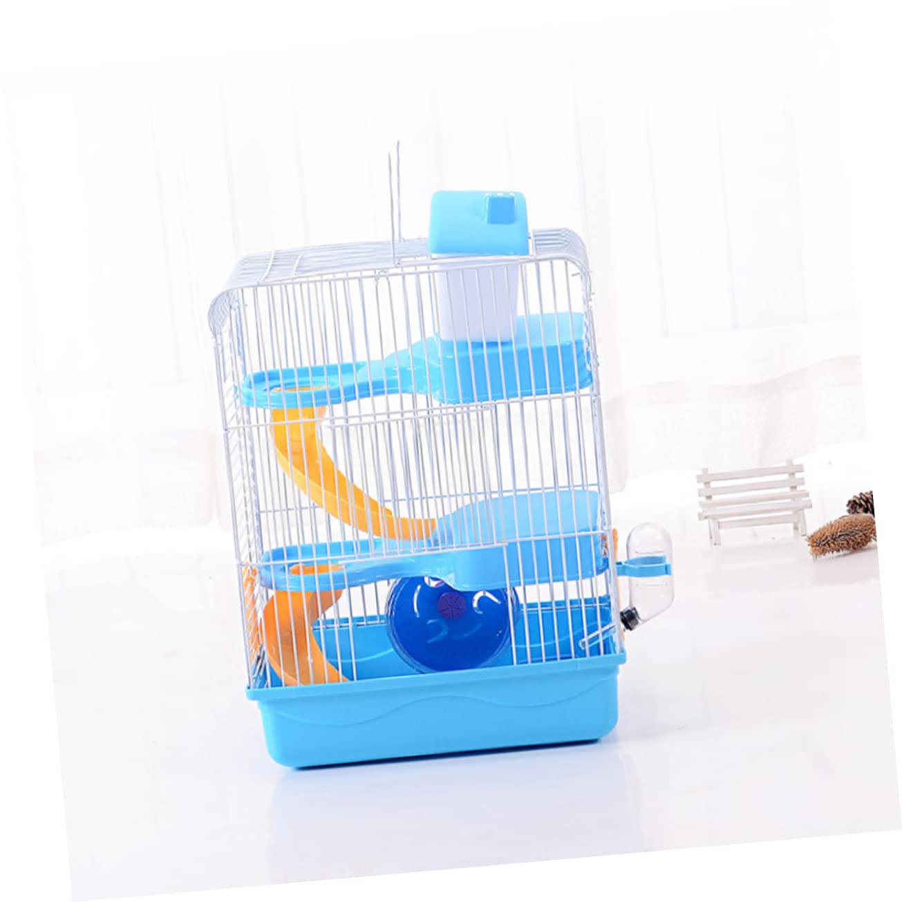 Gabbia per Criceto a Tre Livelli Ruota e Beverino Antiperdita | Blu, Pp e Ferro, Design a Scorrimento Multilivello, Struttura Resistente per Uso in Casa