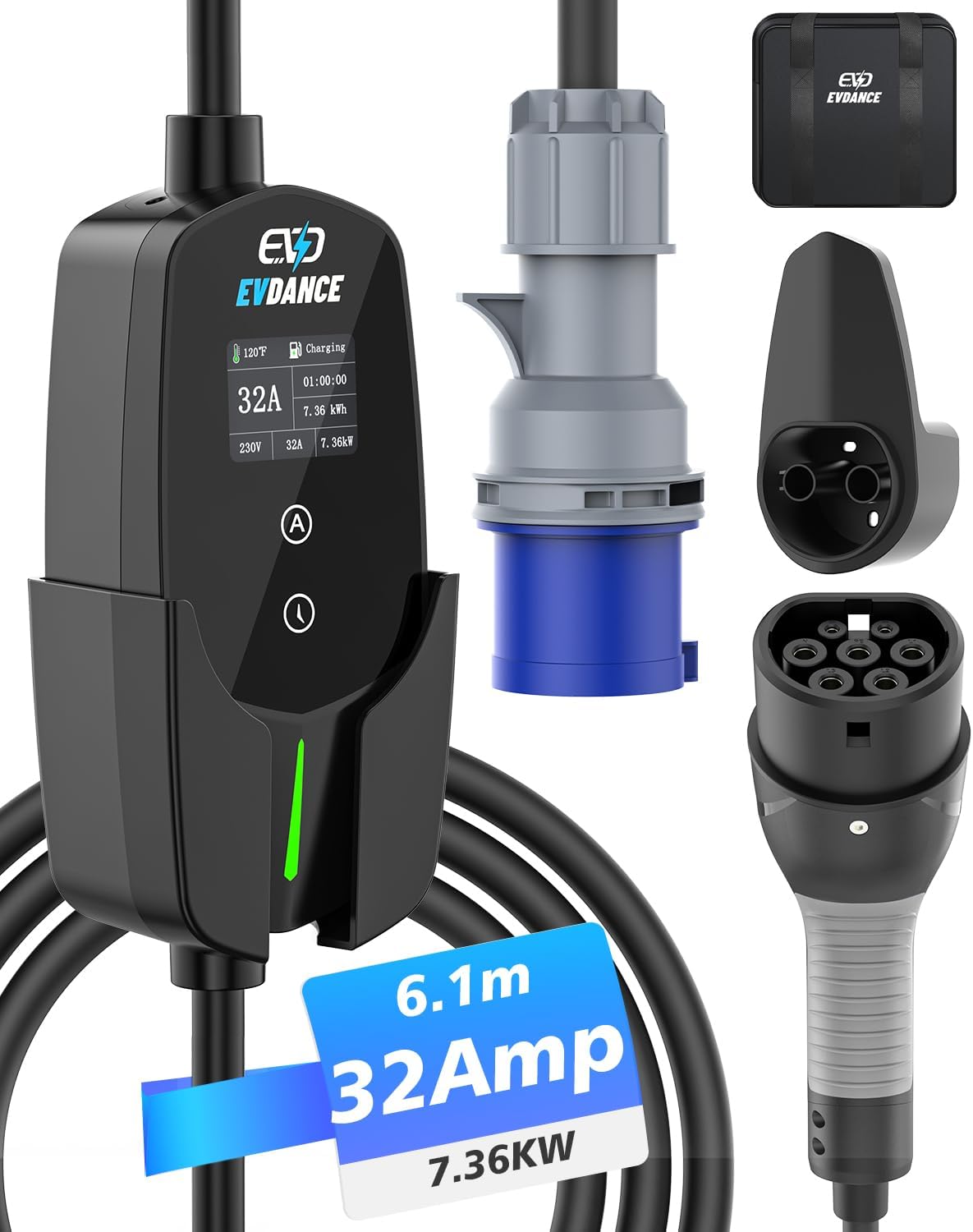 EVDANCE EV Charger Type 2 to CEE Plug [7.36KW, 1 Phase, 6.1M/20ft, 10A-32A] 12 Hours Delay Timer, IP66 Waterproof, Electric Car Charger Cable with Commando Plug and LED Display, Black