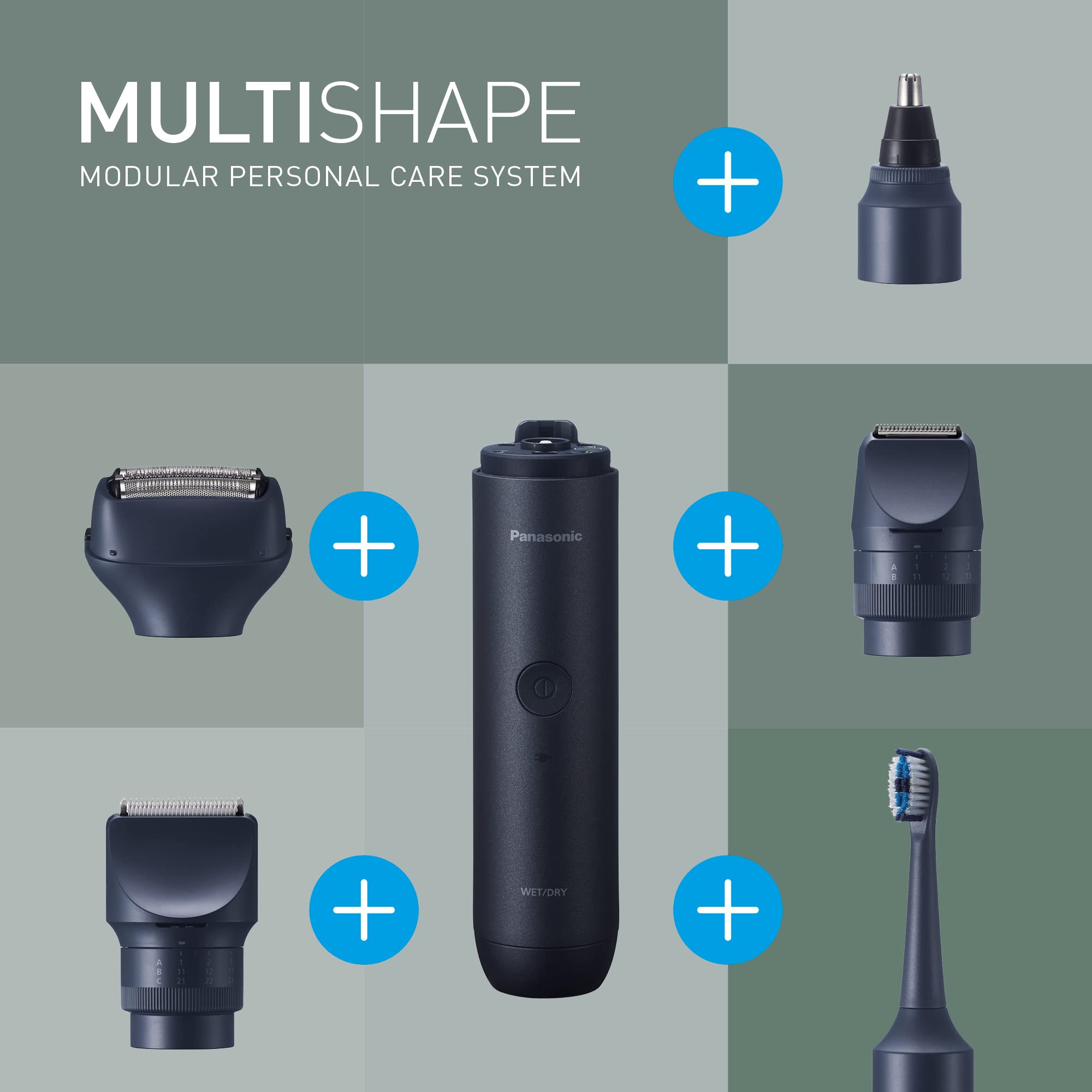 Panasonic MULTISHAPE Modulaire Personnels Soins Système, Tondeuse à Barbe/Poils & Barbe/Poils/Corps, Rasoir 3 lames, Brosse à Dents Electrique & Tondeuse Nez/Oreilles/Faciale Rechange, batterie Li-ion