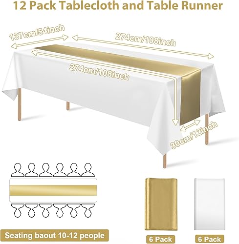 Miniatura 2 de Juego de 12 manteles de satén de 12 x 108 pulgadas y manteles de plástico de 54 x 108 pulgadas, manteles rectangulares desechables color blanco y