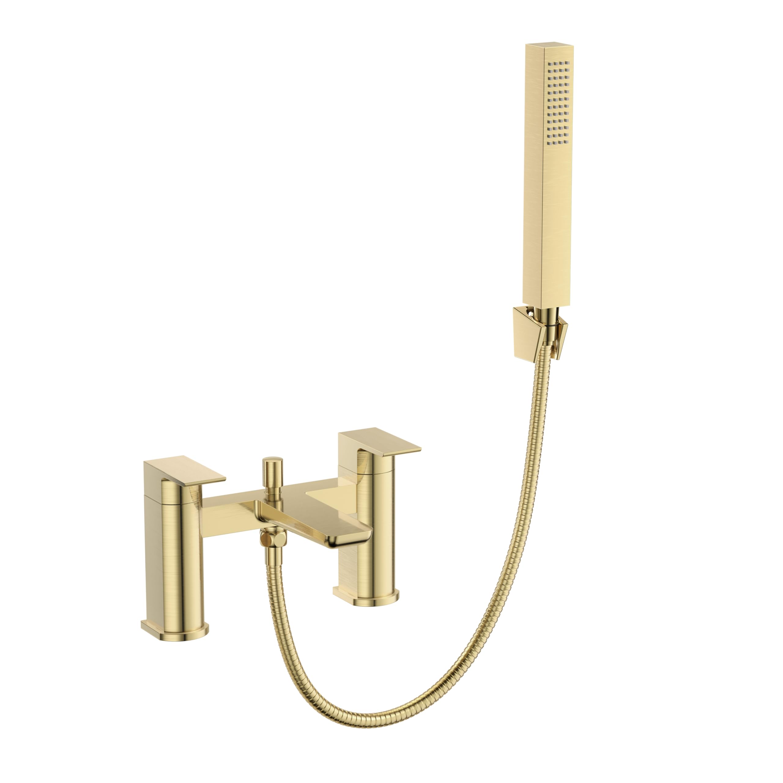 Veebath Brushed Brass Lagoon Soft Square Bath Shower Mixer – Finish With Square Showerhead, Dual Lever Control, G3/4" Bsp Inlet, Deck Mounted Bathroom Taps With Shower