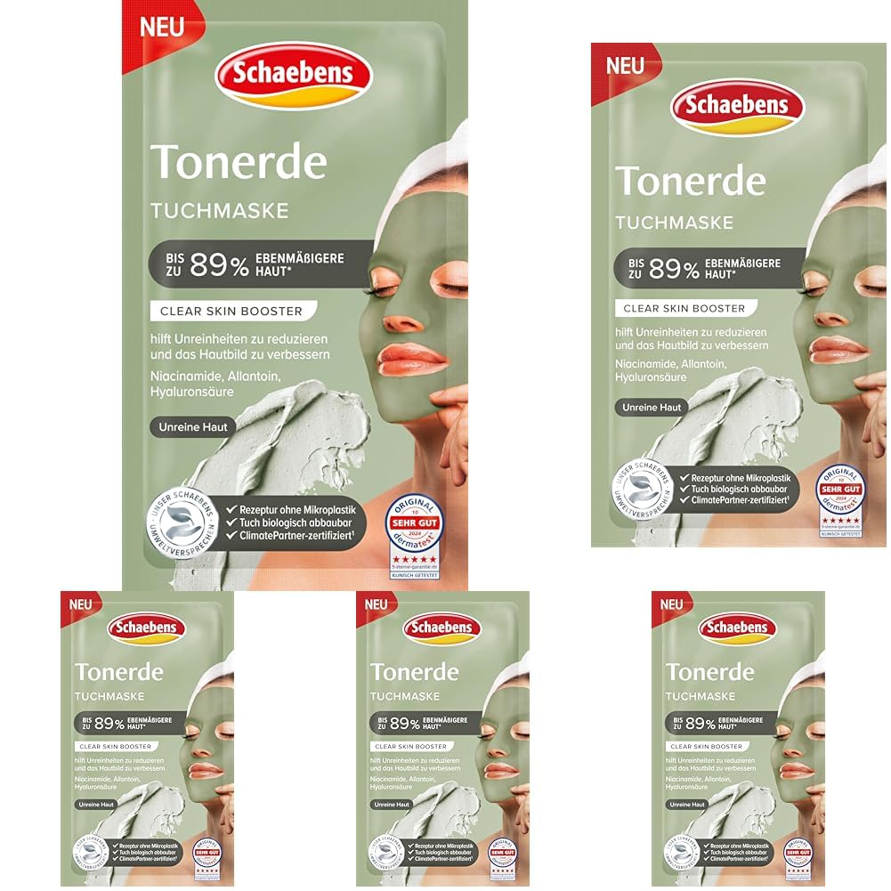 Schaebens Tonerde Tuchmaske - Clear Skin Booster - hilft Unreinheiten zu reduzieren und verbessert das Hautbild mit Niacinamide, Allantoin und Hyaluronsäure, 1 Tuchmaske für unreine Haut