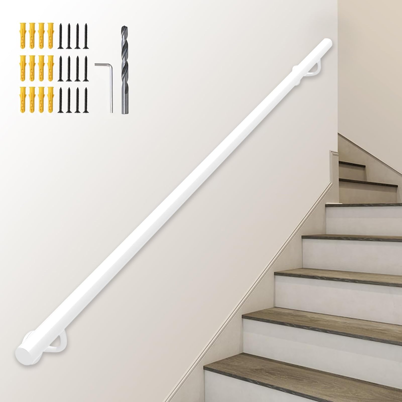 Kit de pasamanos de escalera, balaustrada montada en la pared de hierro forjado, barra de apoyo interior y exterior de tubo de 1,26 pulgadas, barandilla de escalera blanco(270cm)
