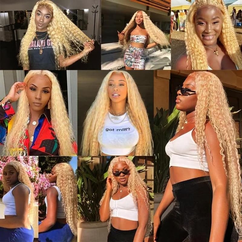 613 Human Hair Bundles Blonde Deep Wave Bundle Human Hair 12A Brazilian Virgin Human Hair 3 Bundles for Black Women （24 26 28 Inch）