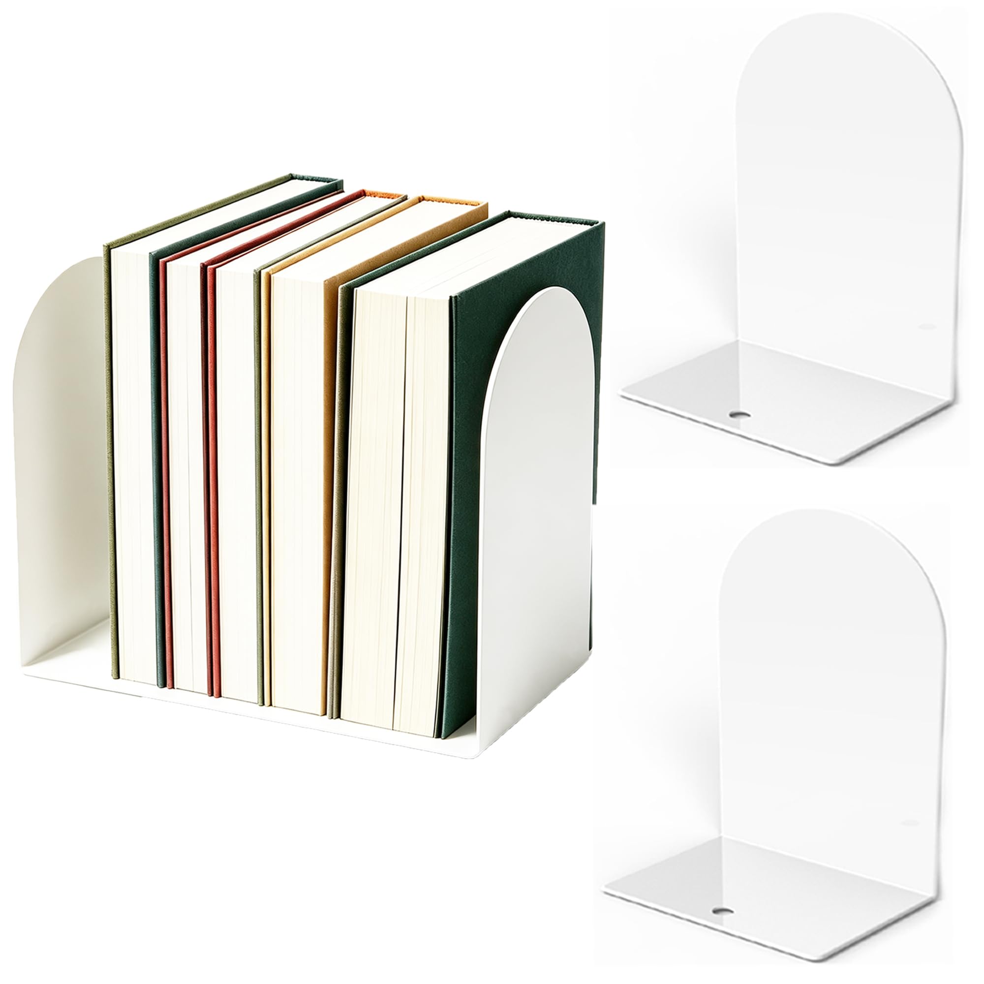 Lulonpon 2pcs Book Ends, Black Bookends, Non-Skid Book End, Metal Bookends for School Library and Desktop Organizer, Acrylic Book Ends for Book Shelves (4, White)