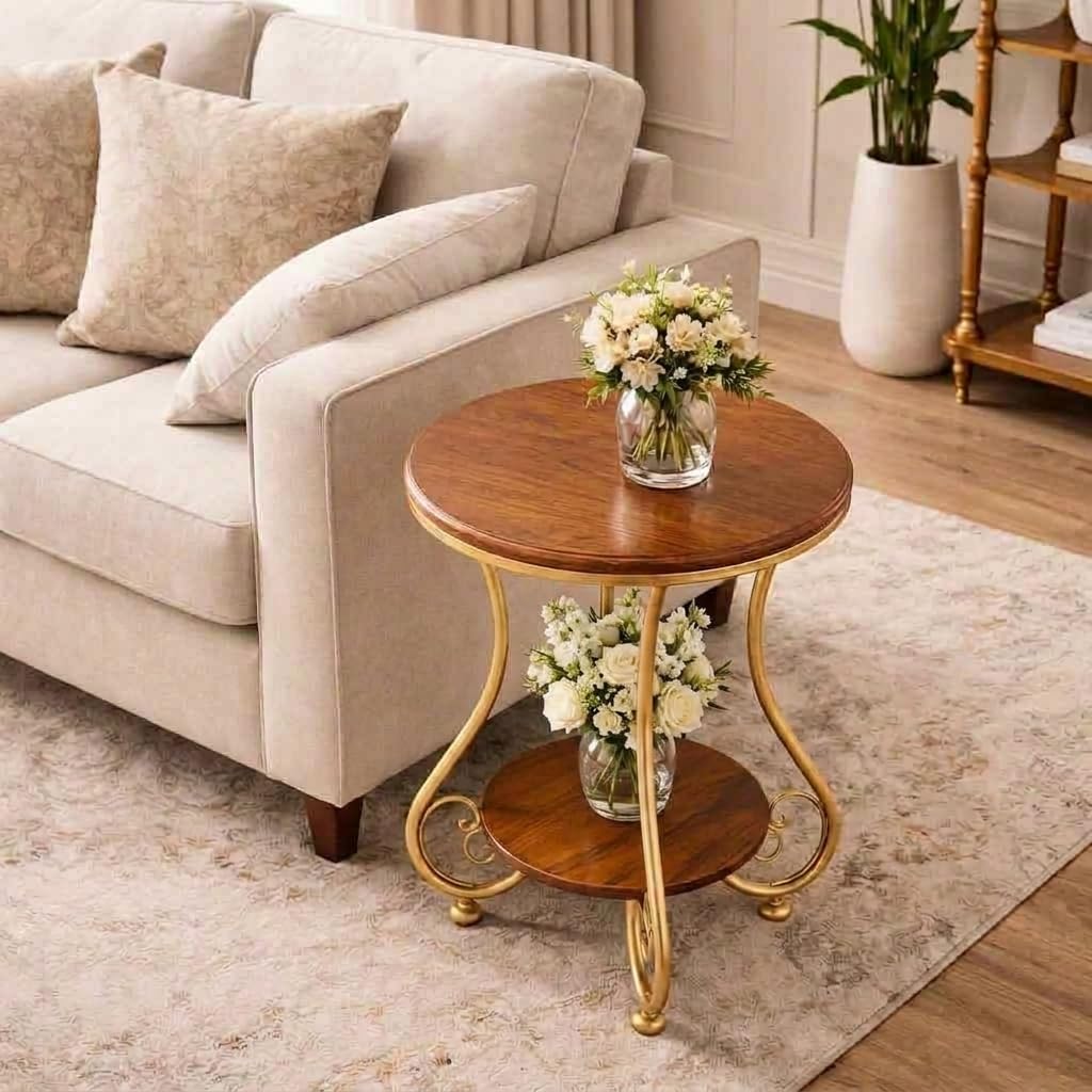 Round Coffee Table 2-Tier End Table for Living Room Balcony Bedroom Decorative Flower Pot Stand Sofa Side Corner Tables Golden and Brown-picture-29