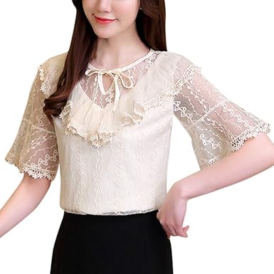 Ximandi Blusa Informal de Estilo Coreano con Encaje y Cuello en O de Manga  Corta y Corte Entallado para Mujer - Beige - XL: Amazon.es: Ropa