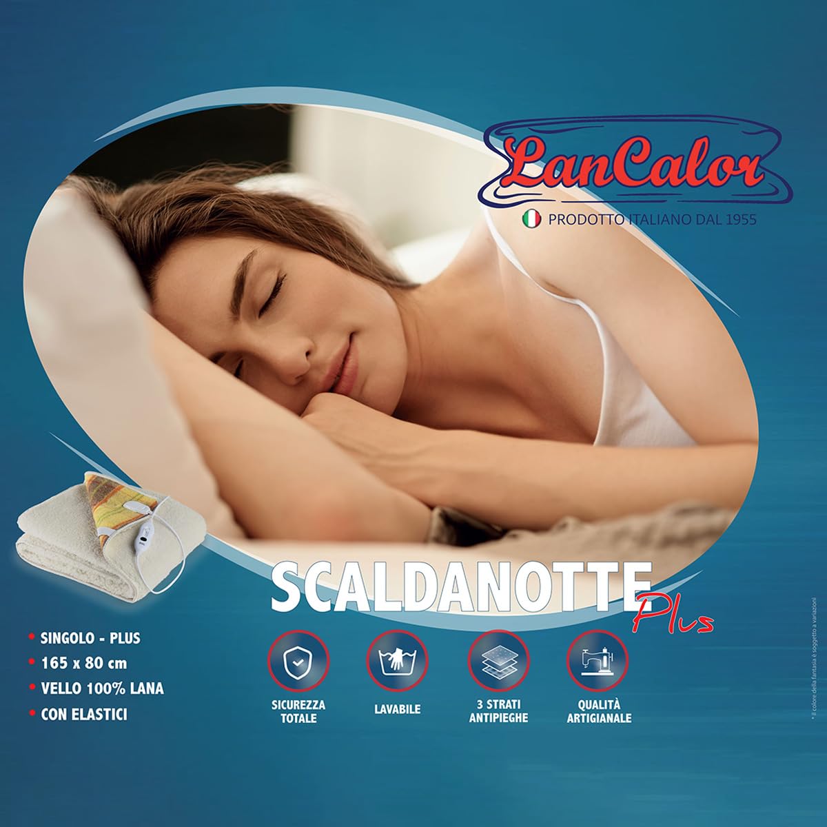 LANCALOR - Scaldanotte Plus, Calientacamas eléctrico Individual 165x80 cm, Vellón 100% Lana, Antipliegue, Lavable, 3 temperaturas, Seguridad Total, Bajo Consumo, Fabricado en Italia