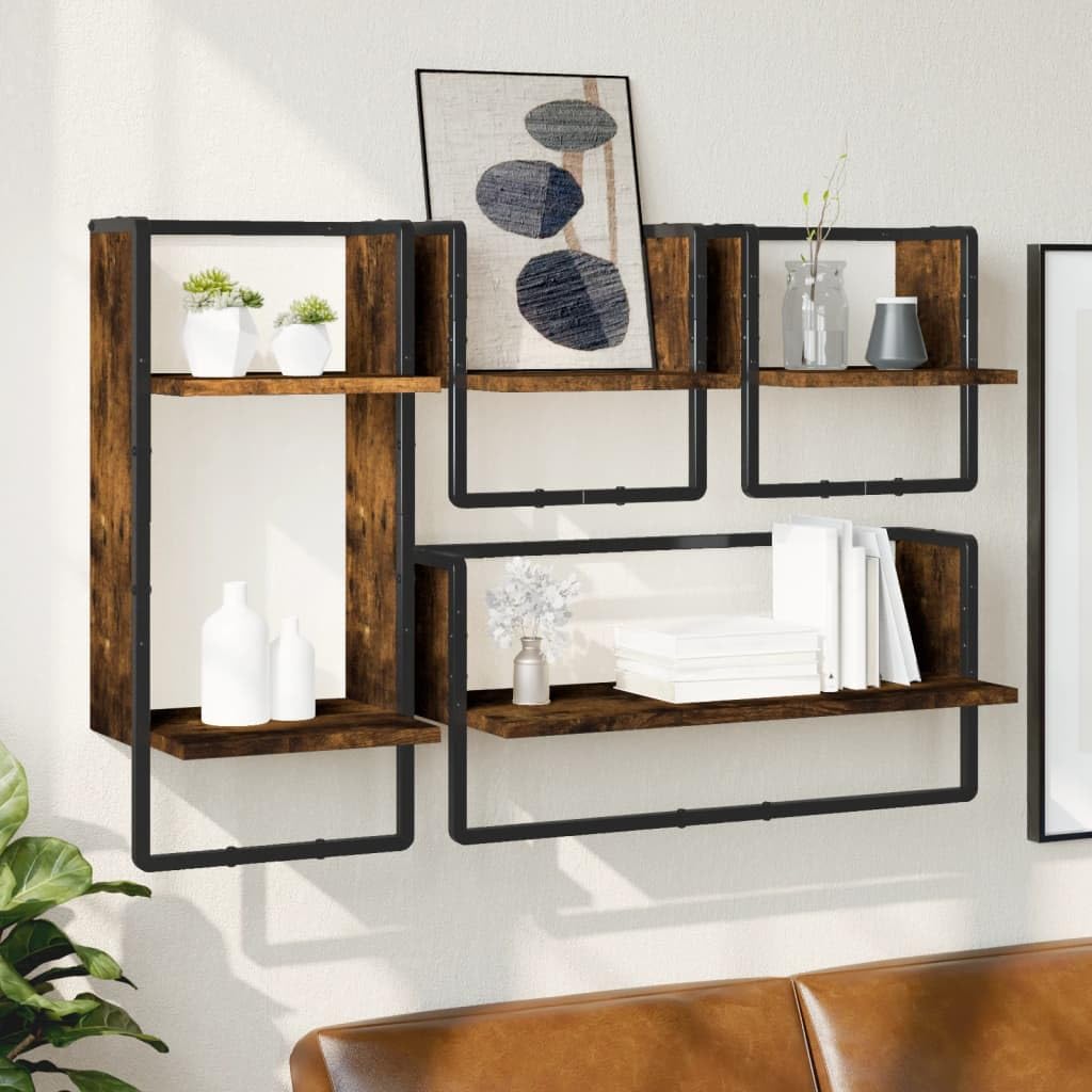 Set Mensole Parete con Aste 4 Pezzi Rovere Fumo