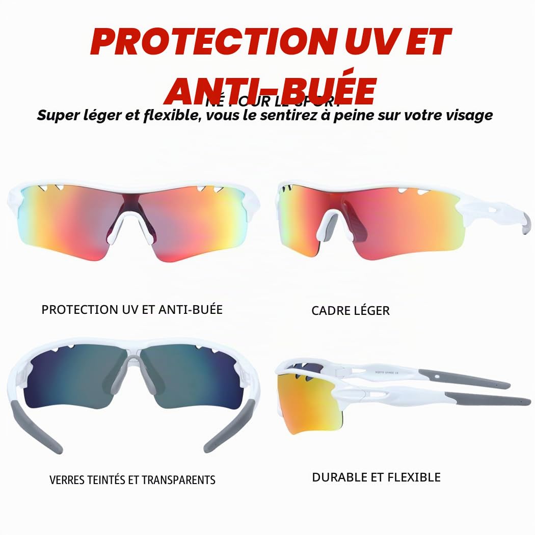 Lunettes de soleil de sport polarisées pour homme et femme avec 3 verres interchangeables pour course à pied, pêche, VTT, cyclisme