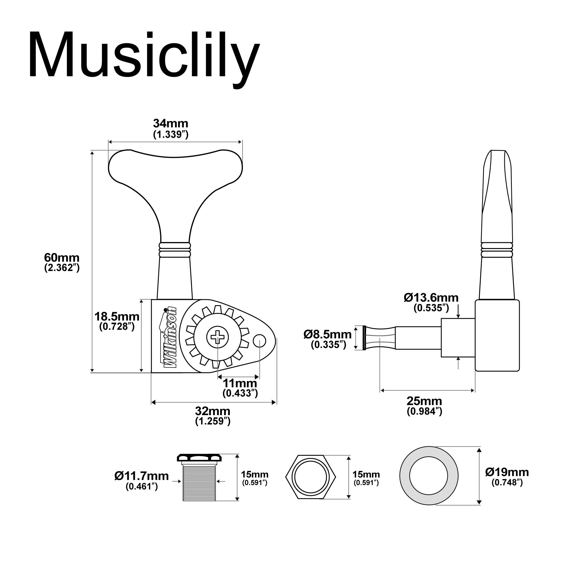 Wilkinson WJB750 L2+R2 Meccaniche Basso Ratio 1:20 Bass Tuners Tuning Pegs per Basso Elettrico 4 Corde Ibanez Style, Dorato