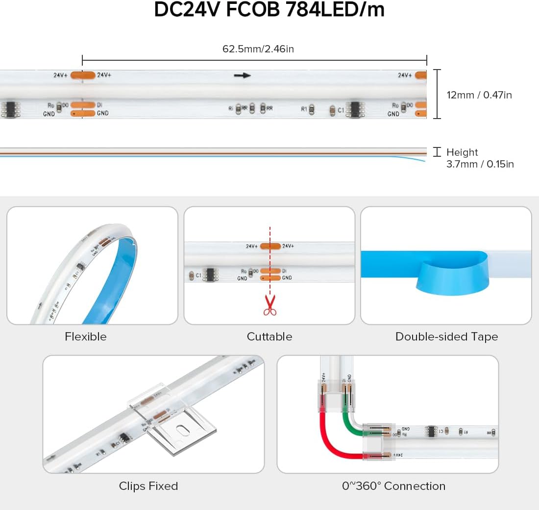 Diagram showing flexibility, cut points, double-sided tape, fixed clips, and 0-360 degree connection for the LED strip