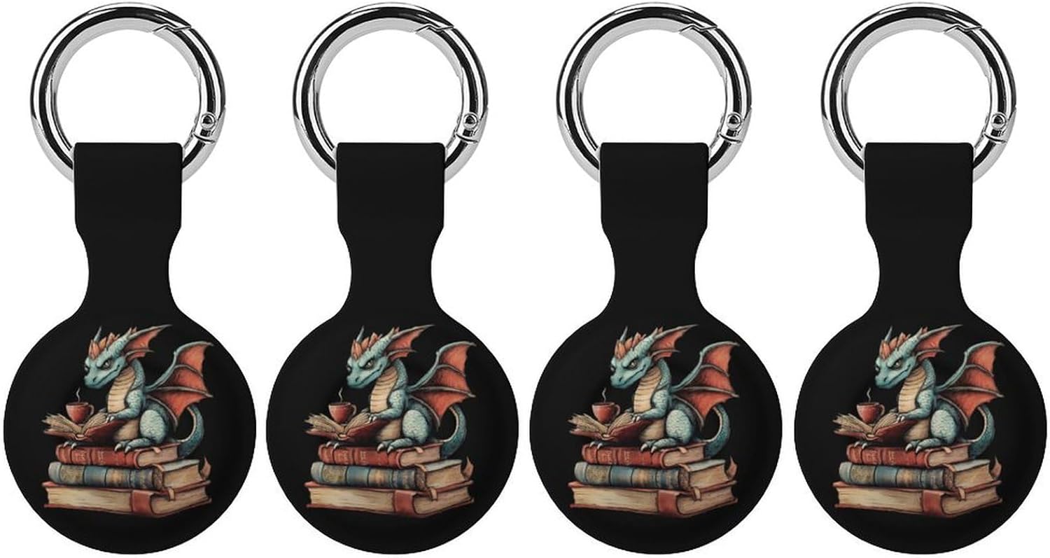 Dragon Sitting on Top of Books Case Compatible with AirTag Holder Cover with Keychain Ring for Bags Luggages