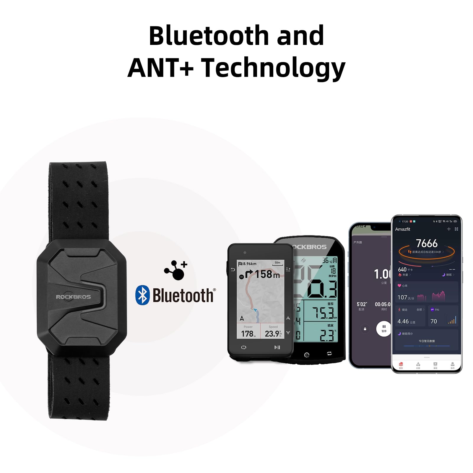 ROCKBROS Herzfrequenzmesser Armband, Bluetooth ANT+ Pulsmesser Fitness Tracker mit HR Zonen LED Indikator, IP67 Wasserdicht Optischer Pulssensor, 15h Akku, Magnetisches Laden