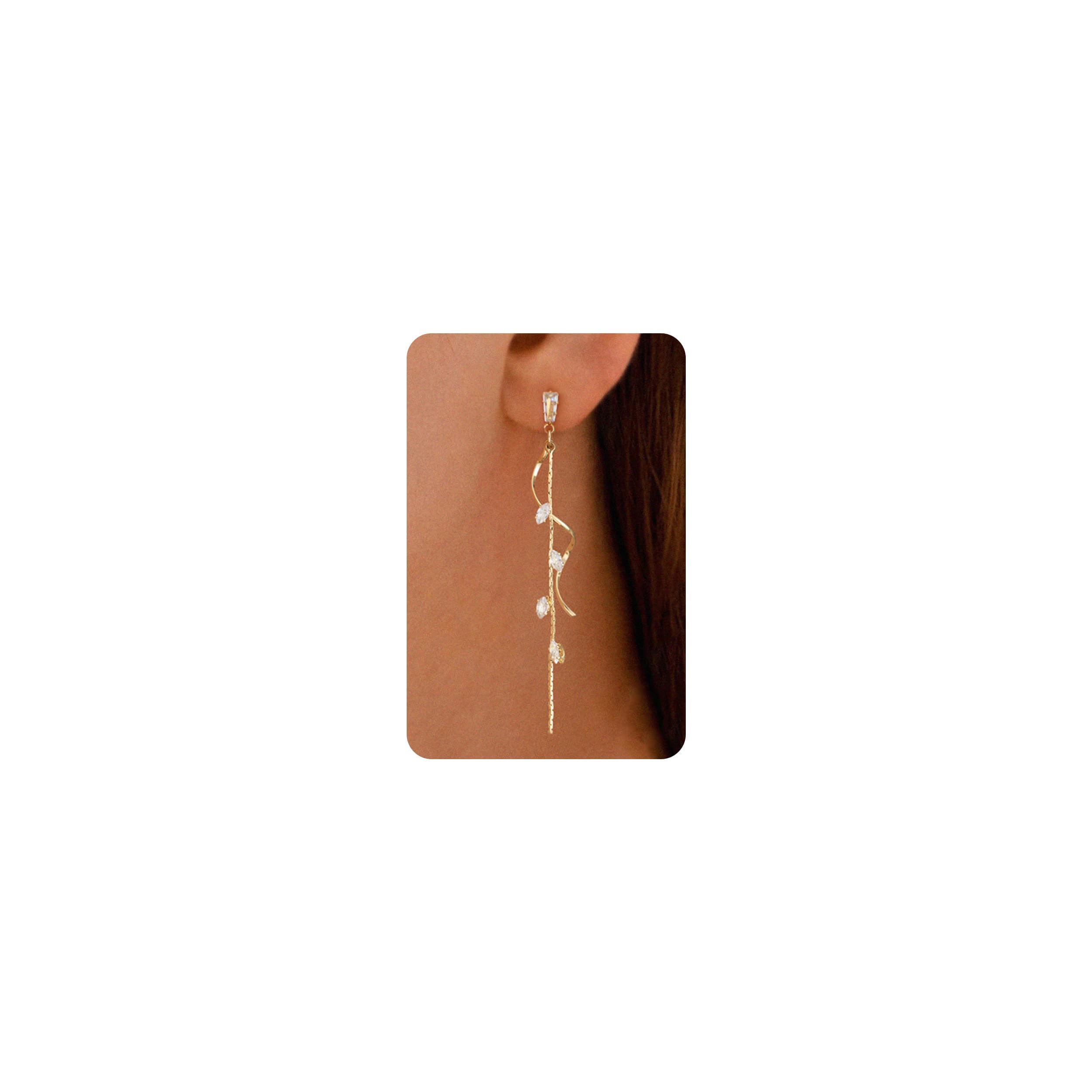 PRTGL Dangle Earrings - 14K Gold Plated Twisted Curve Long Dangle Earrings for Women with Cubic Zirconia