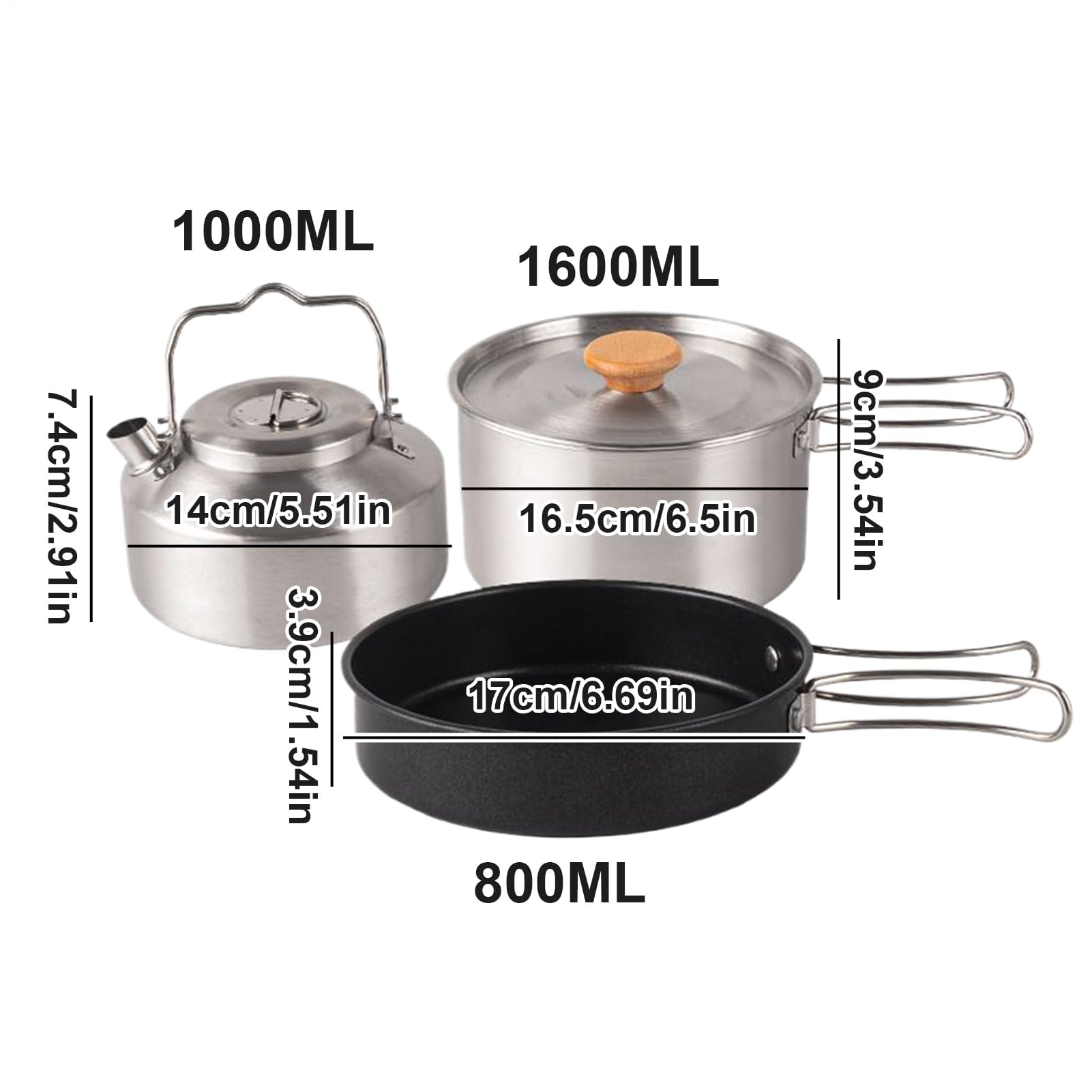 Juego de utensilios de cocina para camping, 3 piezas, sartenes antiadherentes portátiles de acero inoxidable para mochileros, viajes, picnic, fogata y aventuras al aire libre