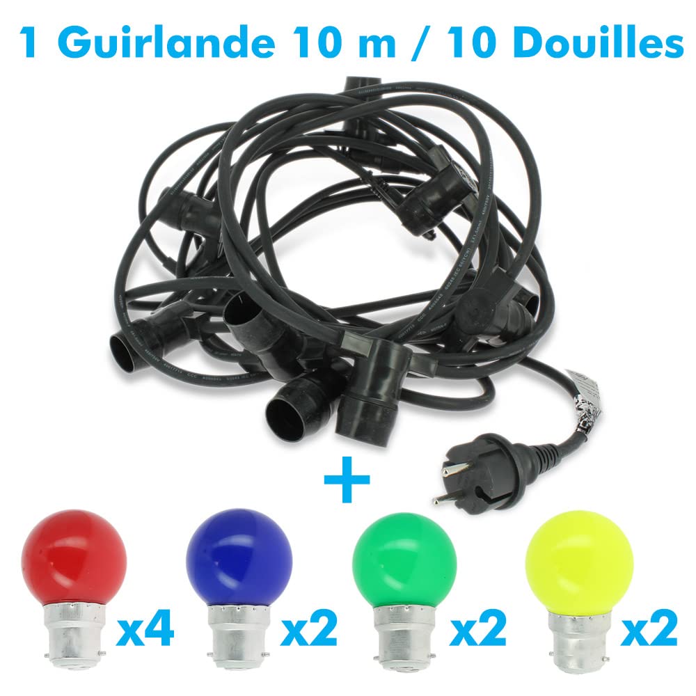 Arum LIGHTING - Guirlande Guinguette Pro 10m, 10 Culots B22 + 12 Ampoules LED Multicolores, Interconnectable, Étanche IP44, Éclairage Fête, Terrasse, Balcon et Jardin, 220V