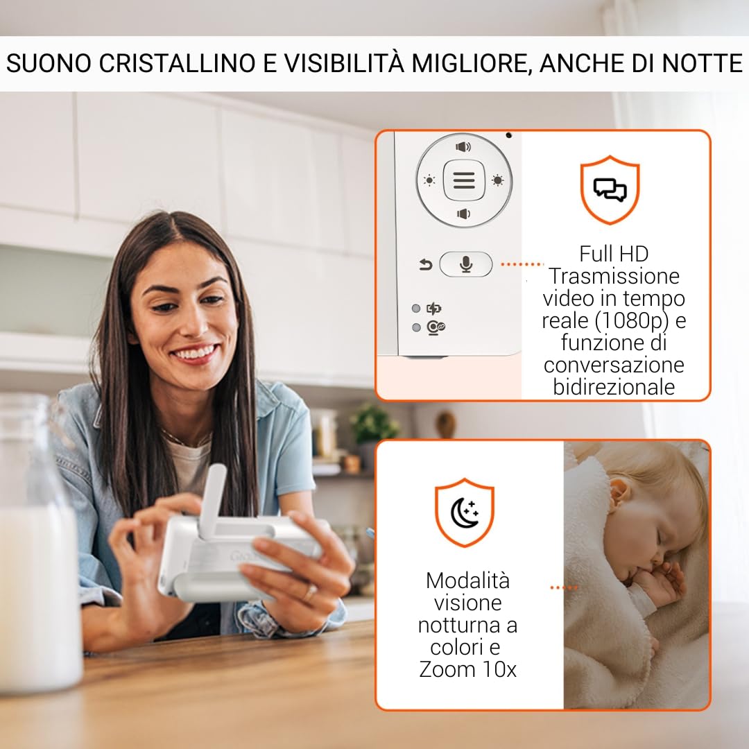 Gigaset BABY 700 Connected – Videocamera per bambini con touchscreen Full HD da 5,5" – Trasmissione sicura FHSS e WLAN–lunga durata della batteria-con app, Cream White/Warm [Versione Italiana]