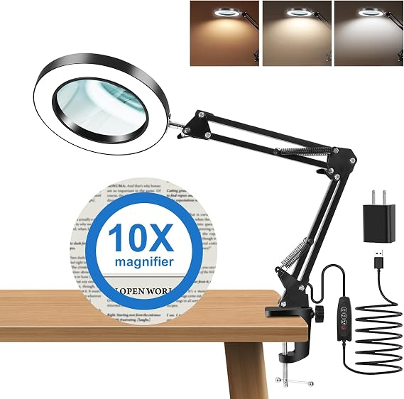 10X Magnifying Glass with Light and Clamp, Real Glass Lens, Adjustable Swing Arm, 3 Color Modes, Stepless Dimming LED Magnifying Lamp for Reading, Crafts, Soldering, Sewing & Close Work