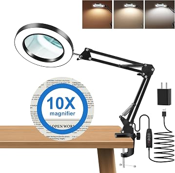 10X Magnifying Glass with Light and Clamp, Real Glass Lens, Adjustable Swing Arm, 3 Color Modes, Stepless Dimming LED Magnifying Lamp for Reading, Crafts, Soldering, Sewing & Close Work