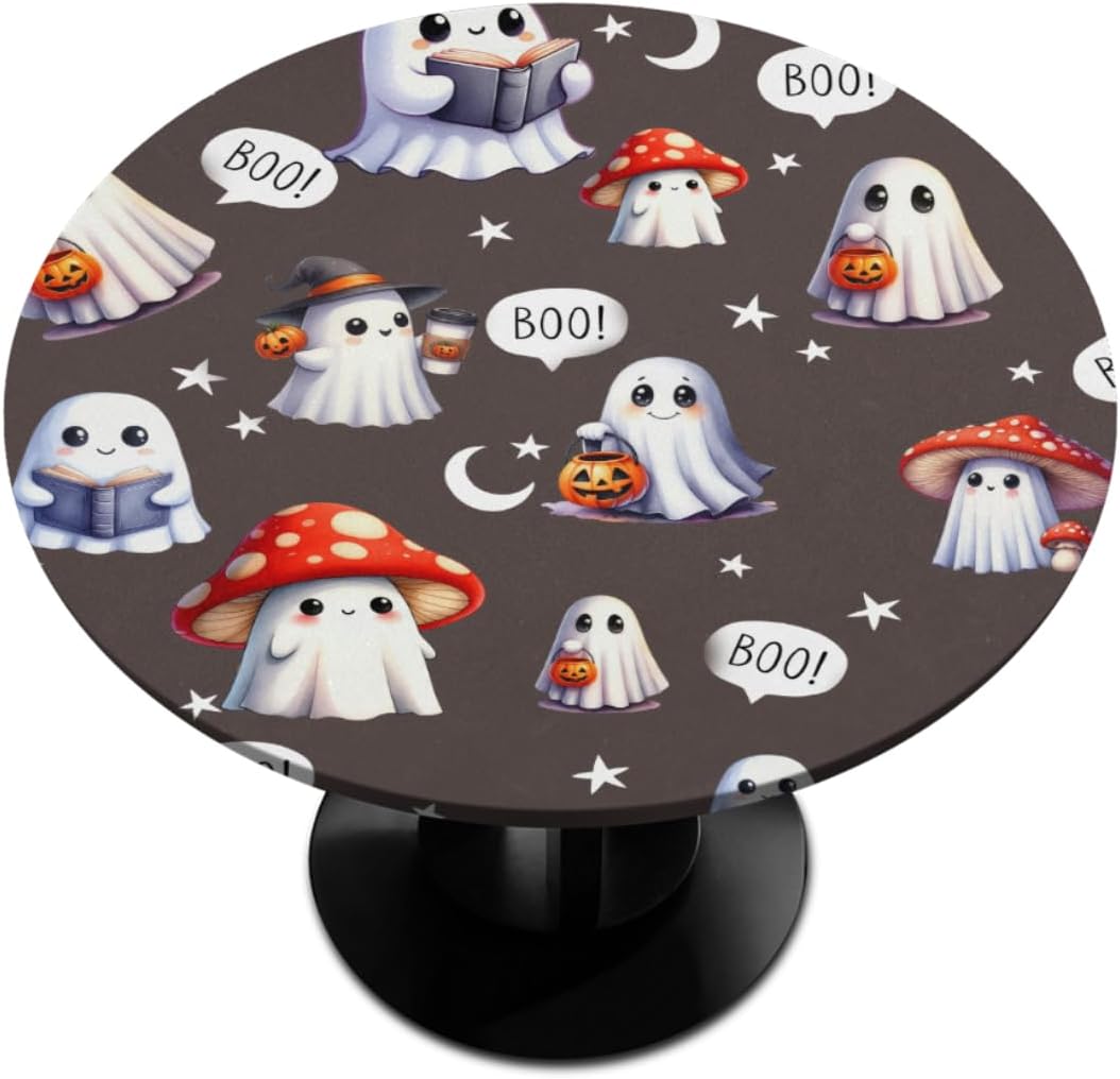 Round Tablecloth with Elastic Edge Grey Ghosts Halloween Fitted Circle Table Cover Wipeable Round Table Cloth for Indoor Outdoor Patio Dining Kitchen Festival Decor Gift for 45-50inch Tables