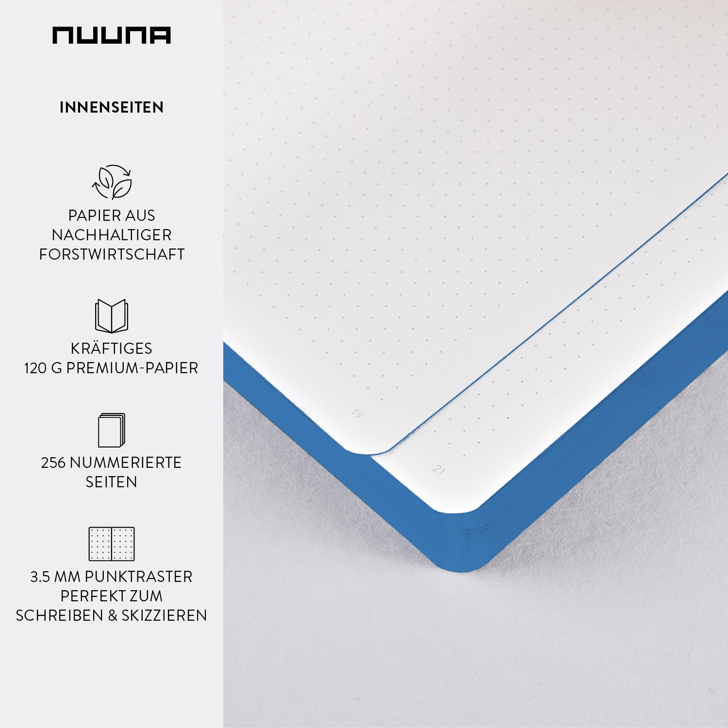 nuuna Taccuino A5+ | Graphic L – Eyes On You | 3,5 mm | 256 pagine numerate | carta premium da 120 g | pelle blu | prodotto in Germania in modo sostenibile