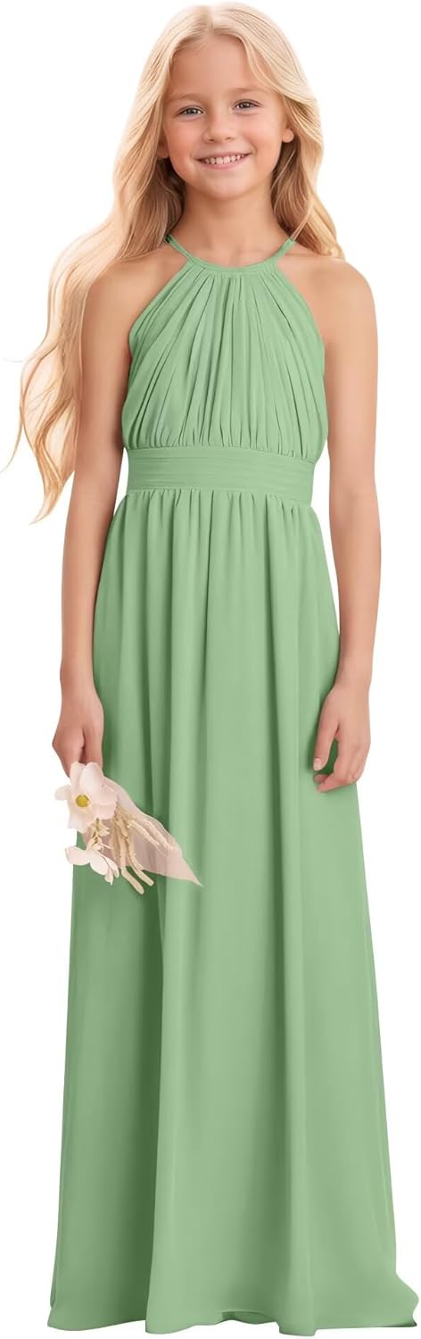 Kids Girls Junior Bridesmaid Dresses Chiffon A-line Long Flower Girl Dress for Wedding Party Pageant Gown