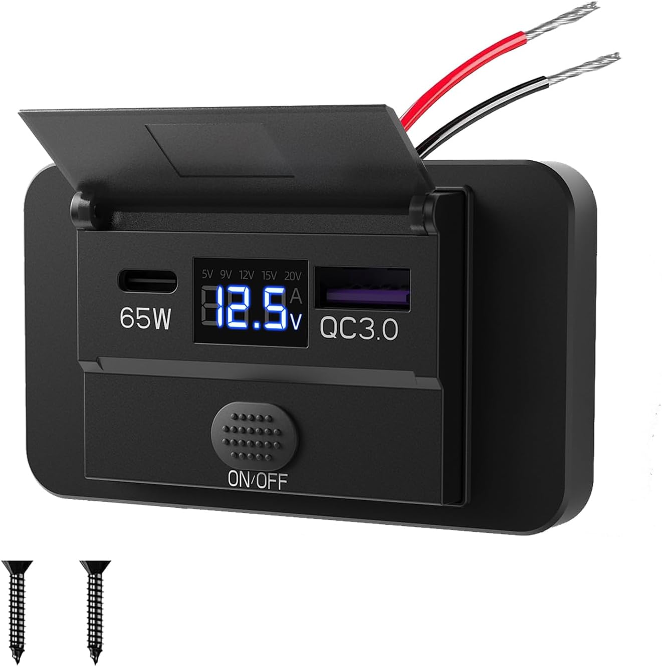 83W 12 Volt USB Outlet Car Charger 65W PD3.0 and 18W QC3.0 Car Multi USB Port Socket Accessories with Switch and Voltmeter, Suitable for Car RV Boat Marine Golf Cart