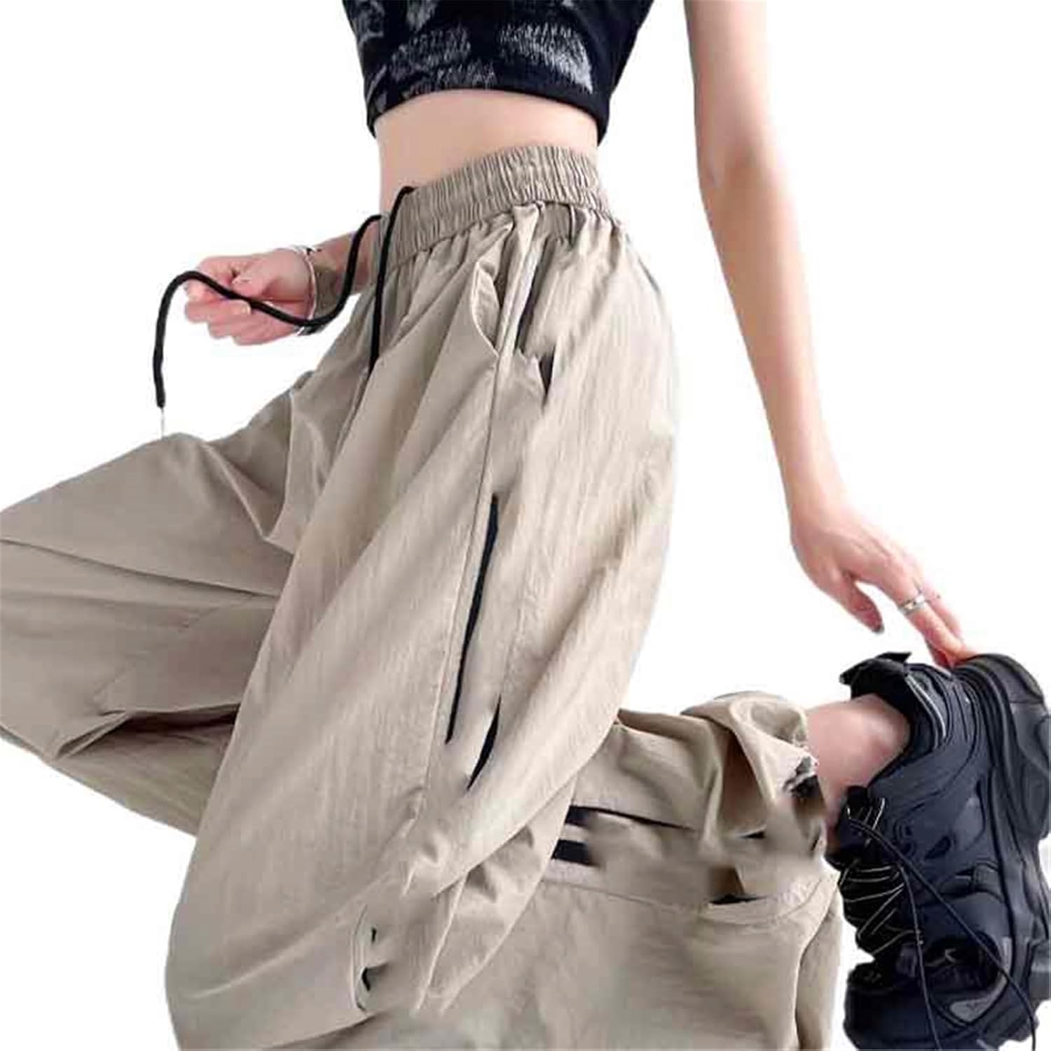 Women's Pants American Summer Ice Silk Wide-Leg Quick-Dry Striped Trouser for Women-Apricot-Large