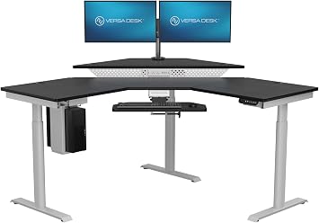 VERSADESK 60" x 60" Electric L-Shaped Corner Standing Desk, Commercial Grade Height Adjustable Sit Stand Workstation, Ergonomic Computer Desk for Home Office, White Frame, Black Surface
