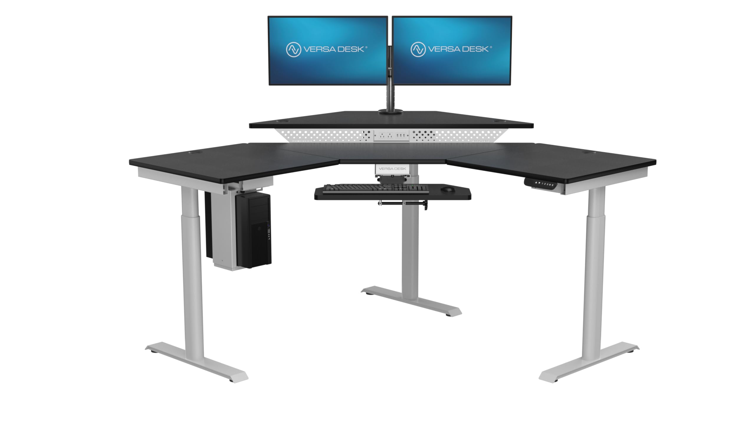 VERSADESK 60" x 60" Electric L-Shaped Corner Standing Desk, Commercial Grade Height Adjustable Sit Stand Workstation, Ergonomic Computer Desk for Home Office, White Frame, Black Surface
